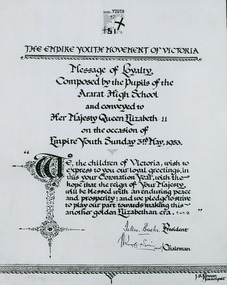 Messages of Loyalty to Queen Elizabeth II from Ararat High School on 03/05/1953 - Signature of Sir Dallas Brooks as President - 5 of 5 photos - Department of Health – National Fitness Office (Sports & Recreation) – Historical Press Release Photo Collection