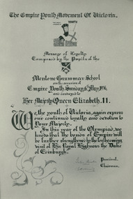 Message of Loyalty to Queen Elizabeth II - Signed by Sir Dallas Brooks President & Sir Edmund Herring as Chairman -  from the Mentone Grammar School Melbourne on the 06/05/1956 - 4 of 5 photos - Department of Health – National Fitness Office (Sports & Recreation) – Historical Press Release Photo Collection
