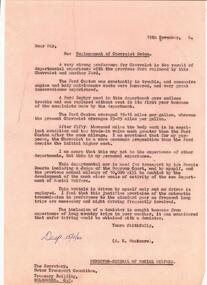 A Letter to the Motor Transport Committee ordering the New V8 Chevrolet - Airbrushed motor vehicle catalogs forwarded to the Director-General of Social Welfare Victoria - A R Whatmore, circa 1957 to 1960 – The Melford Motors Sales Brochure Collection - Victorian Department of Health and Human Services (DHHS)