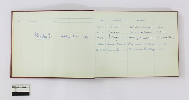 Interior of the Wodonga Council's Visitors Book, showing the page with Prince Charles signature, October 27th 1974.