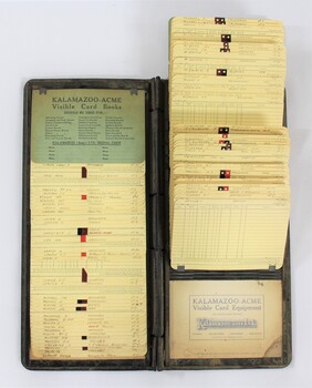 Interior of a Kalamazoo visible card book used for accounting in the J. Mann & Sons General Store in Wodonga, Victoria.