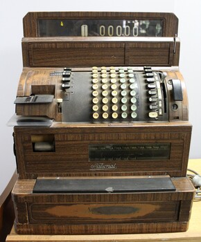Front view of the National cash register used in the J. Mann & Sons General Store in High St, Wodonga, Victoria.