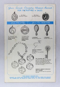 Back cover of the Sarah Coventry booklet for recruiting awards for jewellery sales in 1971.