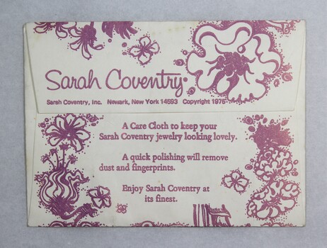 Back of a Sarah Coventry jewellery polishing cloth.