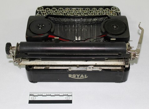 Back view of black vintage typewriter