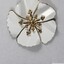 Front of a white and gold-toned metal brooch in the shape of a flower from the Sarah Coventry Pty. Ltd. jewellery range with a 5 cm black and white scale.