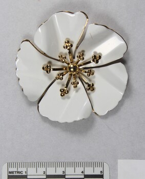 Front of a white and gold-toned metal brooch in the shape of a flower from the Sarah Coventry Pty. Ltd. jewellery range with a 5 cm black and white scale.