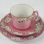 Haeusler Collection Teacup, Saucer and Cake Plate is pink with a flower pattern