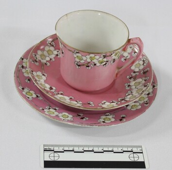 Haeusler Collection Teacup, Saucer and Cake Plate is pink with a flower pattern