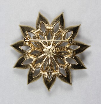 Back surface of a gold toned metal brooch from the Sarah Coventry Pty. Ltd. jewellery range.