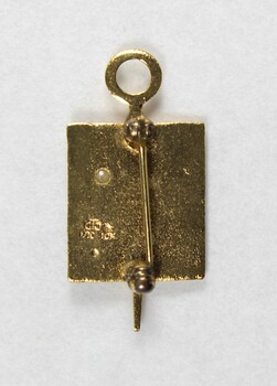 Back of a small gold metal pin for 15 years, with a pearl inlay visible and a clasp attached.