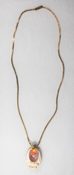 Back of a gold toned metal necklace with an oval-shaped pendant inlaid with a brown resinous material.