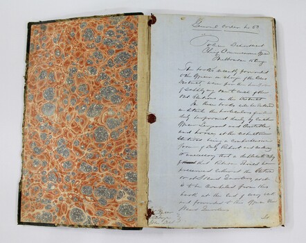 Inside the front cover of a Wodonga Police register or diary used for recording day-to-day duties in 1855-1857.  