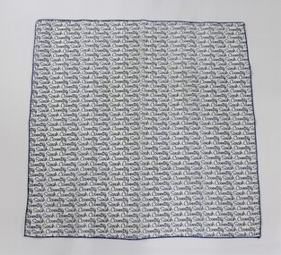 Scarf with the Sarah Coventry logo printed repeatedly in blue on a white background.