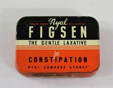 Haeusler Collection Figsen Laxative Tin in white, orange and black, with text on lid