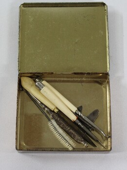 Haeusler Collection Mid-Century 'Miranda's Dream Cigarettes' Tobacco Tin with small tools stored inside
