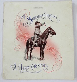 Front cover of booklet with an illustration of a soldier atop a horse, playing a brass instrument. 