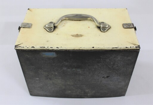 Side view of a rectangular grey metal railways lunch box.