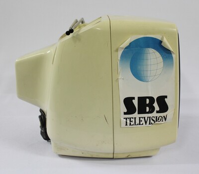 Proper right side of the Sanyo with  'SBS TELEVISION' sticker.