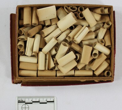 Dozens of small paper scrolls with bible verses printed on them stored inside a small cardboard box with 5cm scale