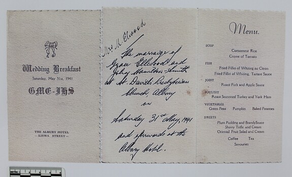 Wedding Breakfast Invitation & Menu for the Wedding of Grace Ellwood and John Hamilton-Smith c.1941 with 5cm scale