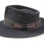 Proper left side of a dark blue/grey felt Victorian Railways hat with a faded brown band and trim..