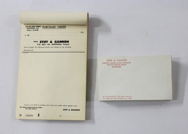 Purchase order book from Stiff and Gannon and collection of printed business envelopes. Stiff & Gannon operated a large general store opening in 1946