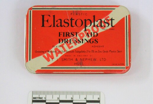 Elastoplast First Aid Dressings Tin c. Mid-Twentieth Century with 5cm scale 