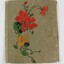 An olive green photographic album with a red, green and yellow floral motif on the front cover. 