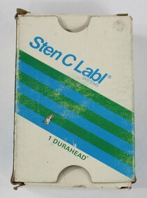 A white, green and blue cardboard box with 'Sten C Labl' printed on front of box 