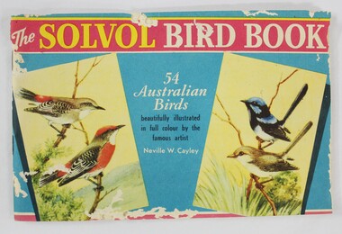 A rectangular book with illustrations of four birds on a blue front cover, with title text 