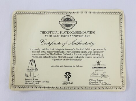 Printed paper certificate of authenticity.