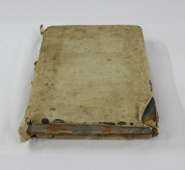 A large minute book with canvas cover attached. Used to record minutes of regular meetings of the Wodonga Benefit Building and Investment Society from 1873 until 1883