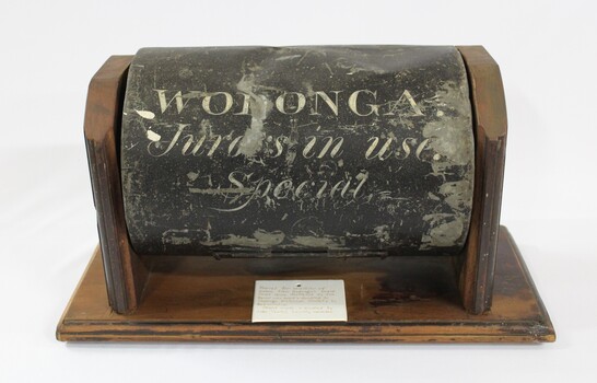 Front view of the Jurors' Selection Barrel used in the second Wodonga Court house which was destroyed by fire.