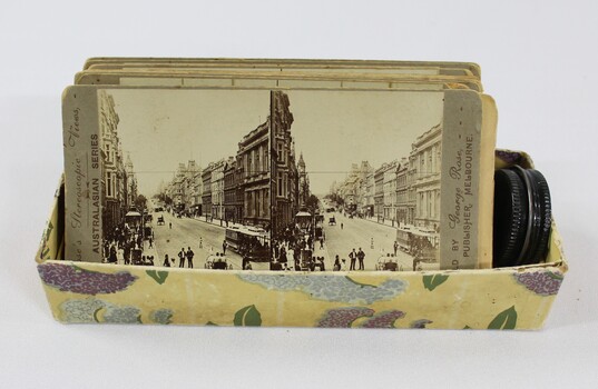A cardboard box containing stereoscope cards 