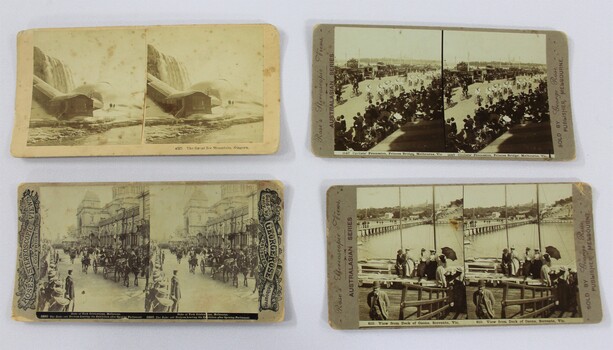 A set of four of the stereoscope cards showing street views and landscape scenery 