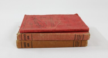 Three red cloth bound books stacked vertically. 