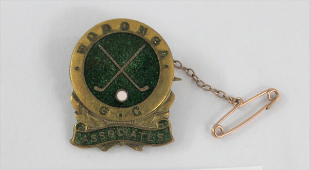 A metal, gold plated badge with green detailing and a depiction of two crossed golf clubs.