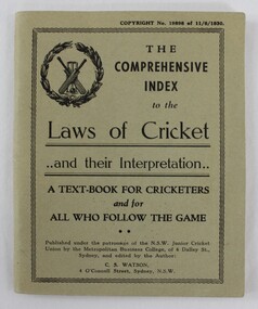 Paper booklet with text and illustrated cricket bat logo 