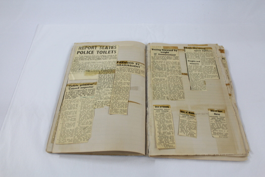 Inside of Health Inspector's journal showing a selection of newspaper clippings