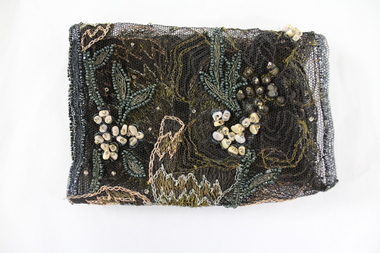 Bronze and gold embroidery and bead work on black mesh 