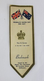 An empire day bookmark featuring an illustrated crown, and Australian flag and Union Jack flag design 