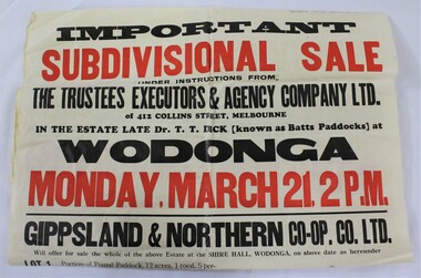  A white poster with black and red text advertising a subdivision sale 