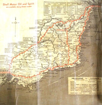 A brown and tan high way map with red road markings.