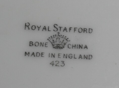 The maker's mark for Royal Stafford printed on the underside of the plate