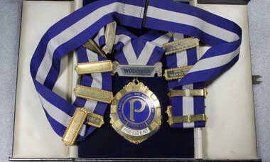 Blue and White sash and badges of office for the President of Probus Wodonga, Victoria