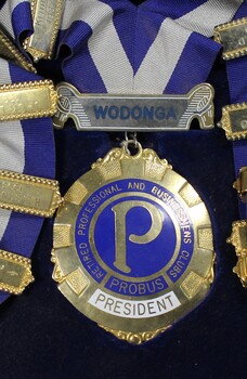 Blue and white sash and centre piece of President's regalia, Probus Wodonga, Victoria