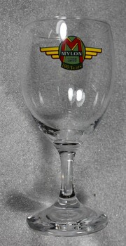 A wine glass including the Mylon logo to celebrate 100 years of operation