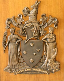  Victorian State Coat of Arms from the Court House, Elgin Street, Wodonga mounted on timber