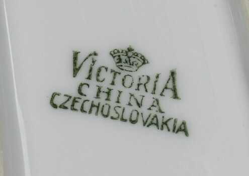 Victoria China Czechoslovakia Mark printed on underside of dish. Black text with a crown above it